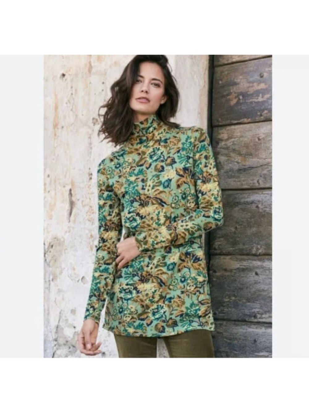 Peruvian Connection Cortona Tunic Top Long Sleeve Mock Neck Floral Pima Cotton L